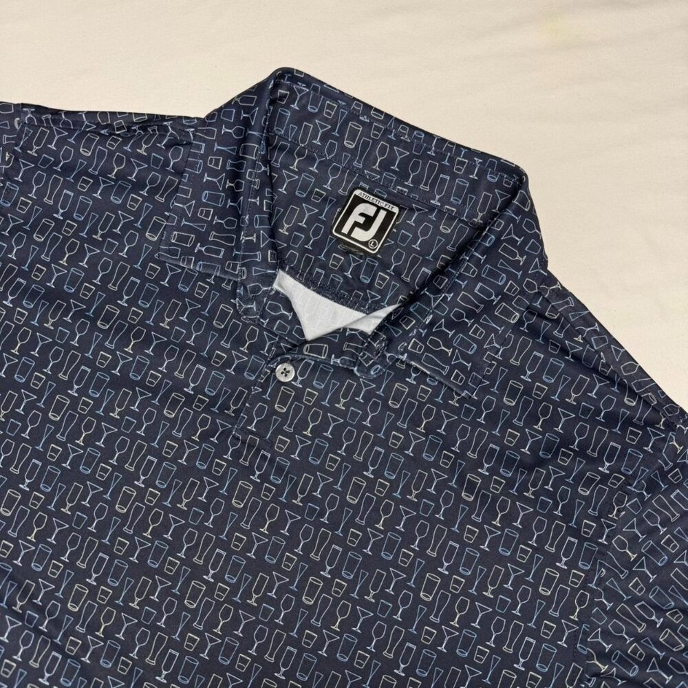 FootJoy Golf Polo Shirt Mens Size L Navy Blue Martini Glassware Short Sleeve